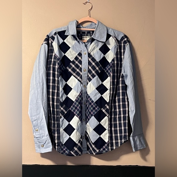 We The Free Argyle Plaid Shirt Oversized Preppy Buttondown Blue Combo NWT - Picture 2 of 6